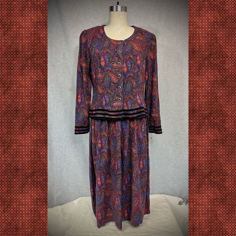 Vintage 1980s Kathie Lee Dress Paisley Dark Academia Purple Blue Sz S/M